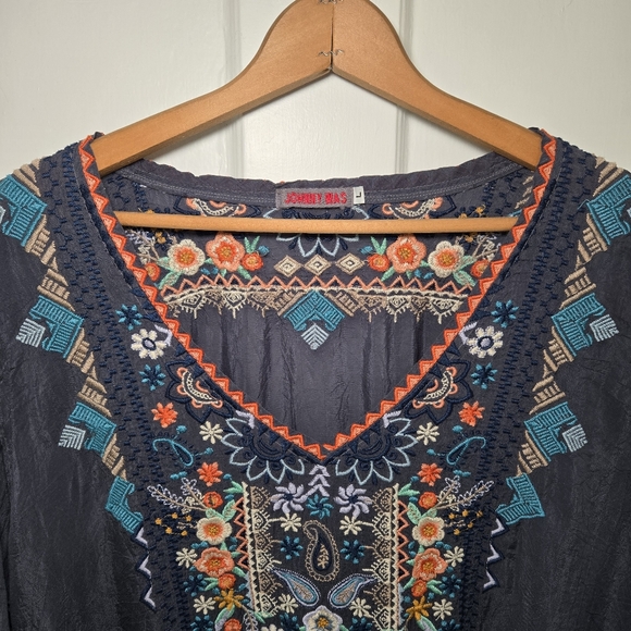 Johnny Was Grey Embroidered Tunic Blouse Sheer Gypsy Bohemian Hippie Size L - Picture 2 of 14